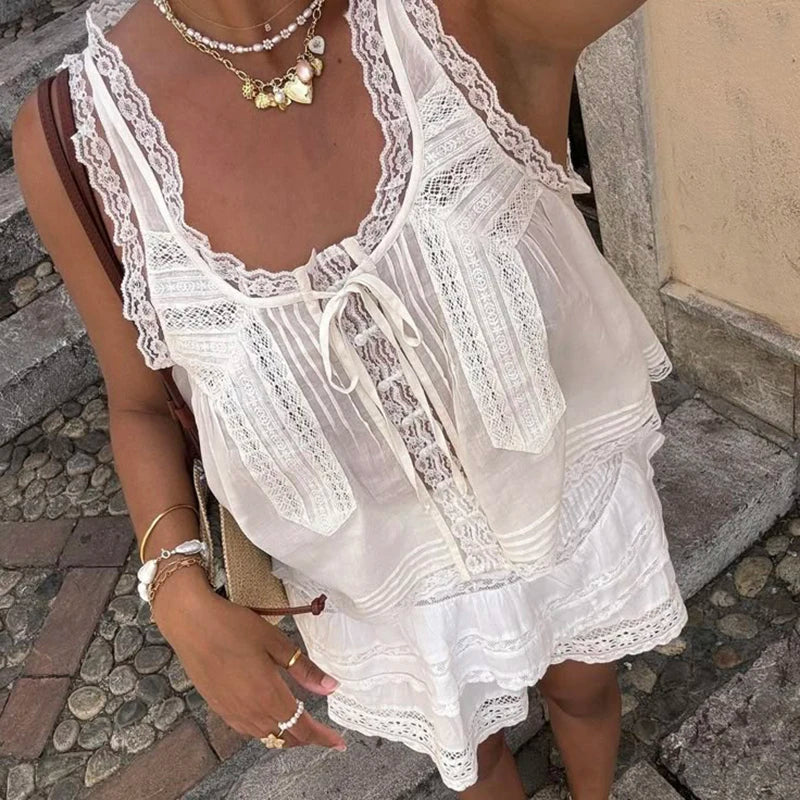 Spaghetti Strap Mesh Flowy Lace Trim Crop Top for Women
