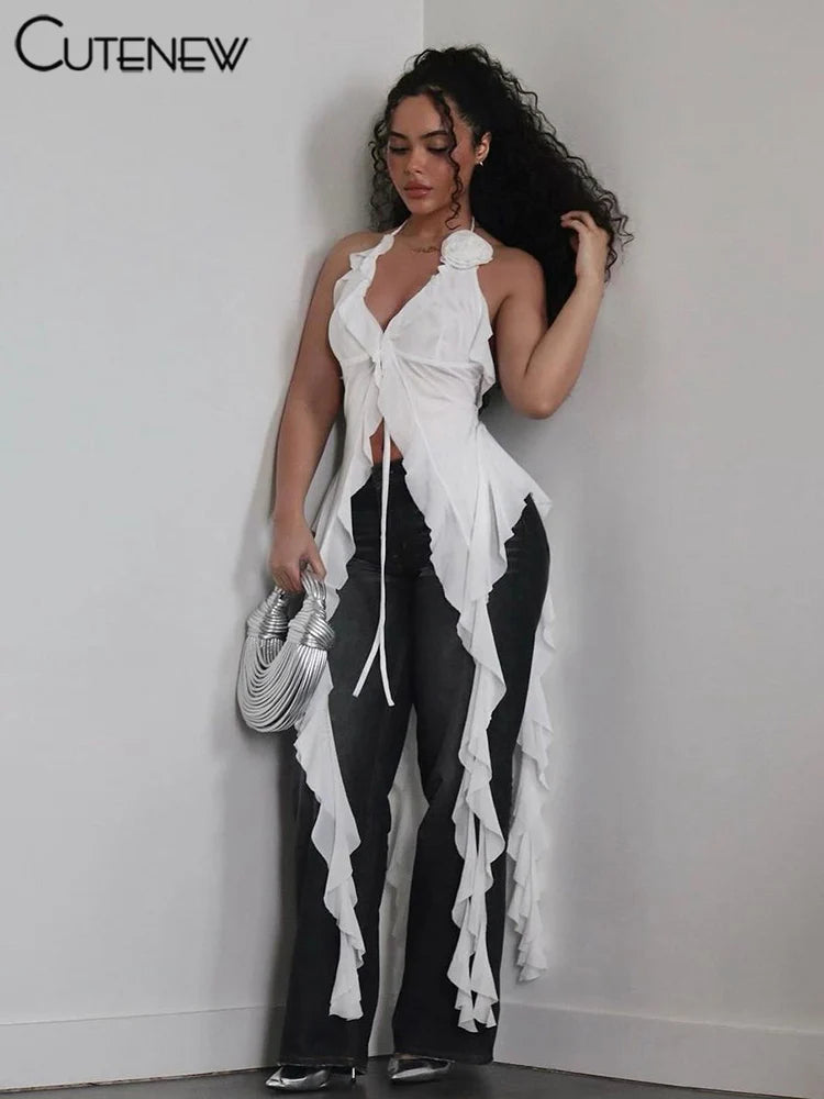 White Ruched Mesh Halter Crop Top