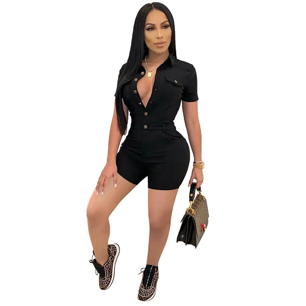 Summer V Neck Mesh Cargo Short Jumpsuit for Women
