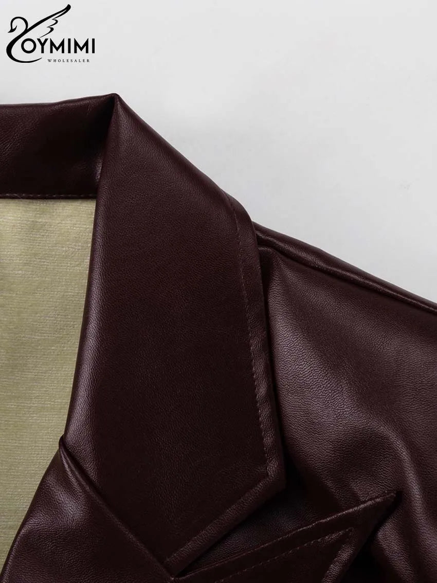 Oymimi Vintage Wine Red Pu Leather Womens 2 Piece Outfit Set Elegant Long Sleeve Lace-Up Shirts And Straight Simple Trousers Set