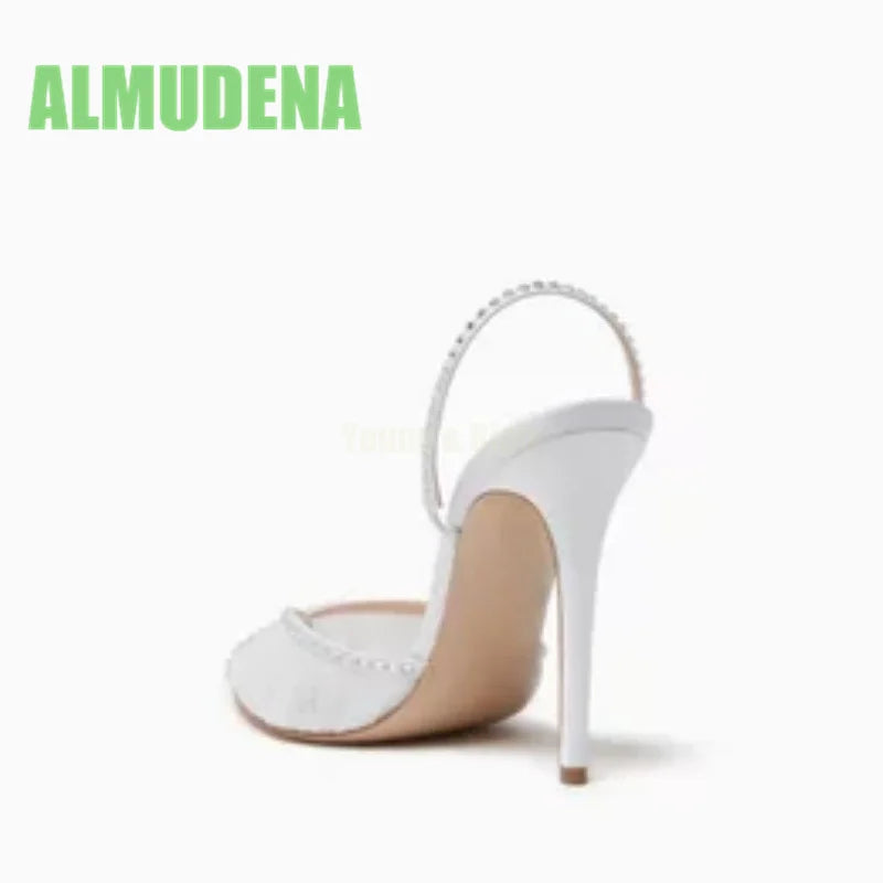 Pointed Toe Pleated Lace Rhinestone Buckle Slim Heels for Women