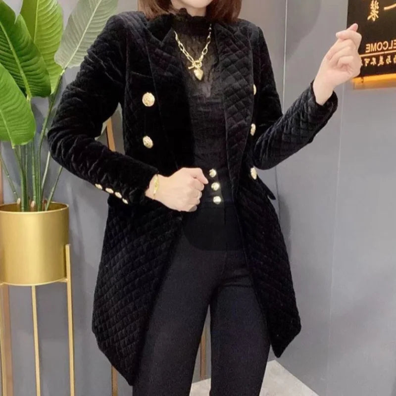 Long Quilted Double Breasted Turn Down Collar Coat For Women