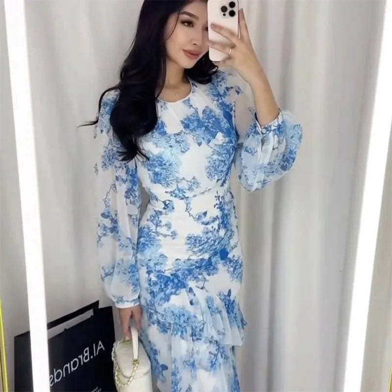 Cascading Ruffle Print Long Sleeve Maxi Dress for Women