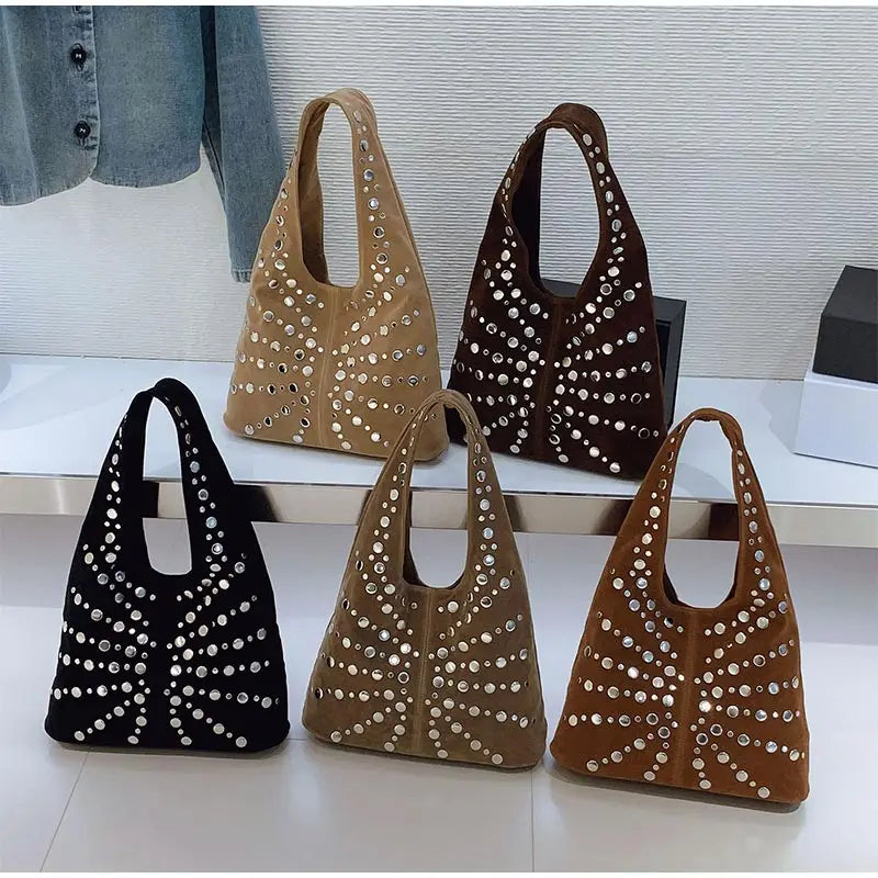 Polka Dot Rivet Tote Bag Women's Fashion Trend Texture Shoulder Bag High-end Luxury Suede Bucket Bag Commuter Female Handbag