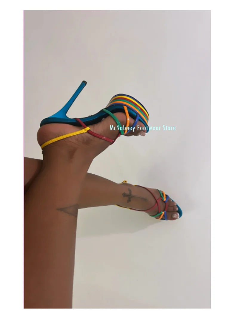 Rainbow Colored Pointed Toe Platform Stiletto Sandals for Women