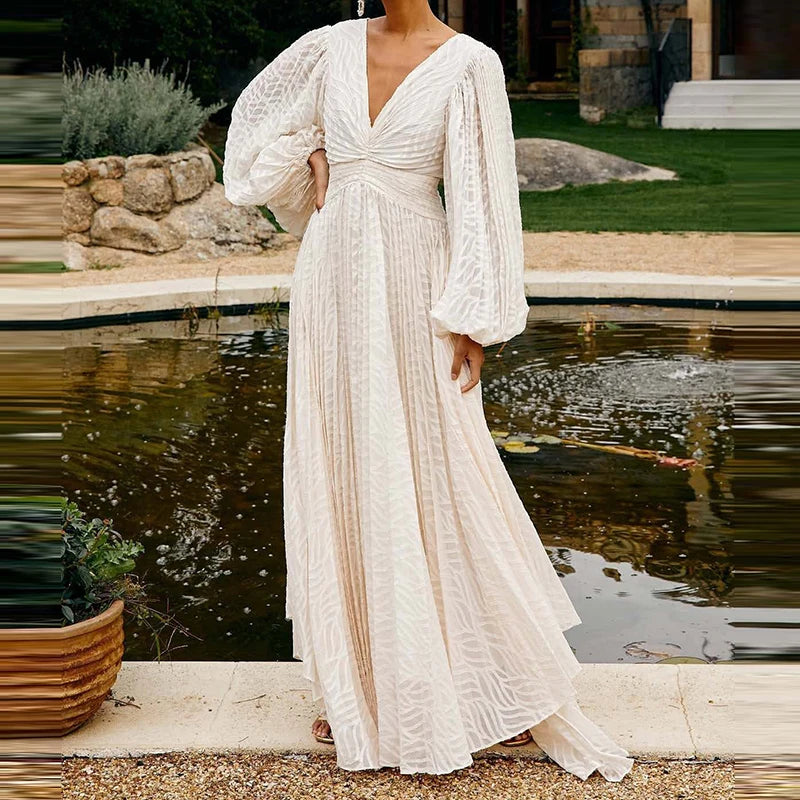 Hollow Lace Up Backless Lantern Sleeves Evening Dress for Women