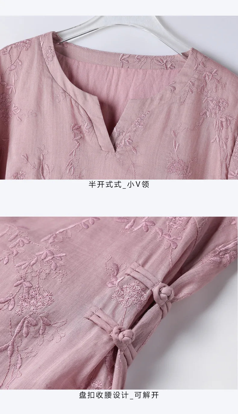 Elegant Embroidered Ramie Linen Knee Length Dress for Women