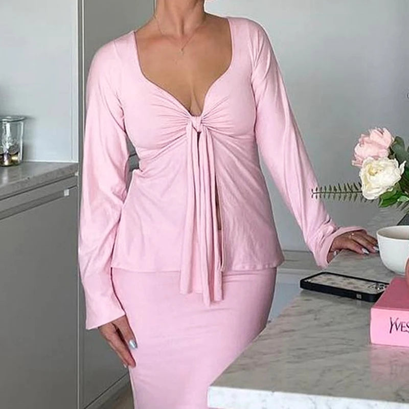 Y2K Cottage Retro Grunge Crop Tops Clothes Elegant Front Tie Up V Neck T-shirt 90s Vintage Chic Women Long Sleeve Blouse Tees