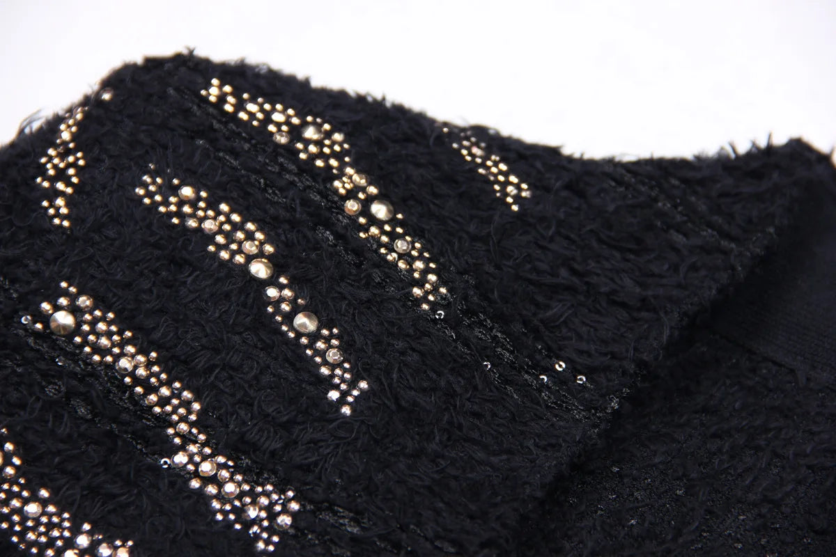 2025 Autumn New Heavy Knitted Hot Diamond Long-sleeved Jacket Sexy Vest + Skirt Set Light Luxury Party Women Three-piece Set