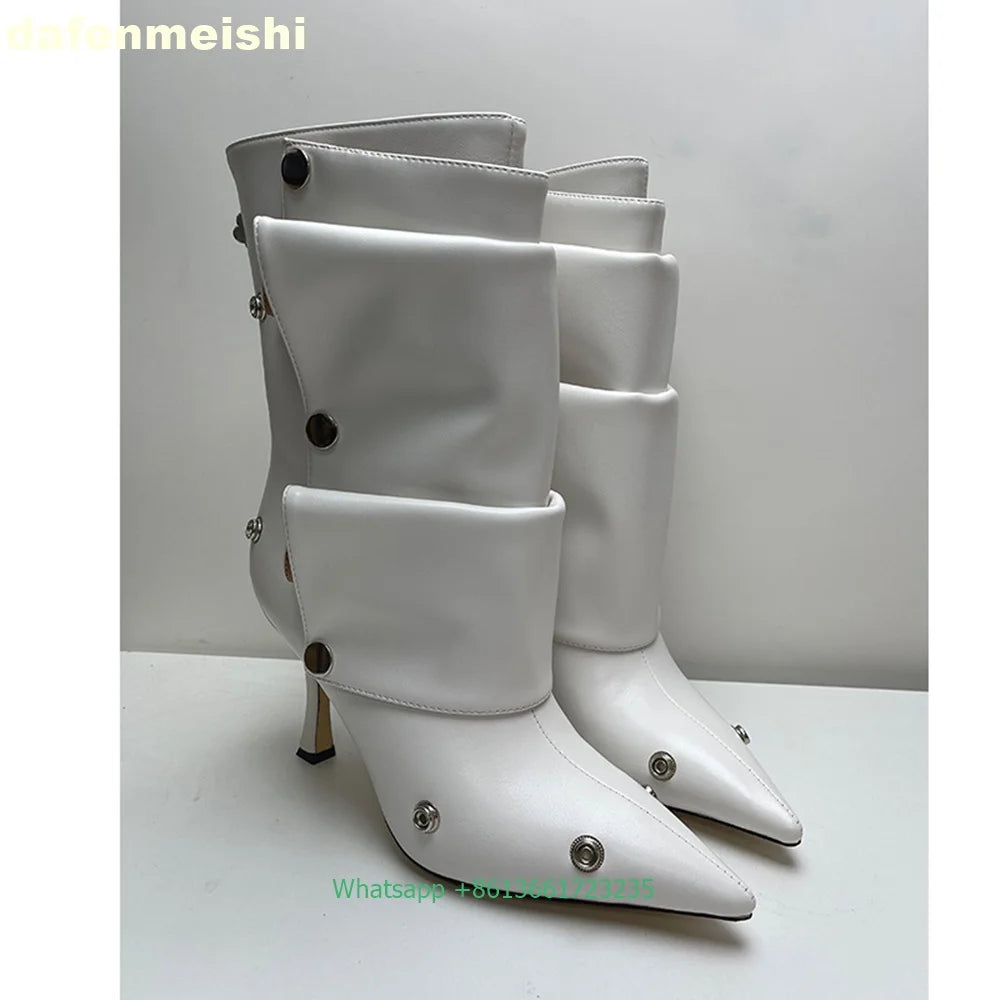 Pleated Stiletto Pointed Toe Leather Ankle Boots With Rivet Buckle For Women