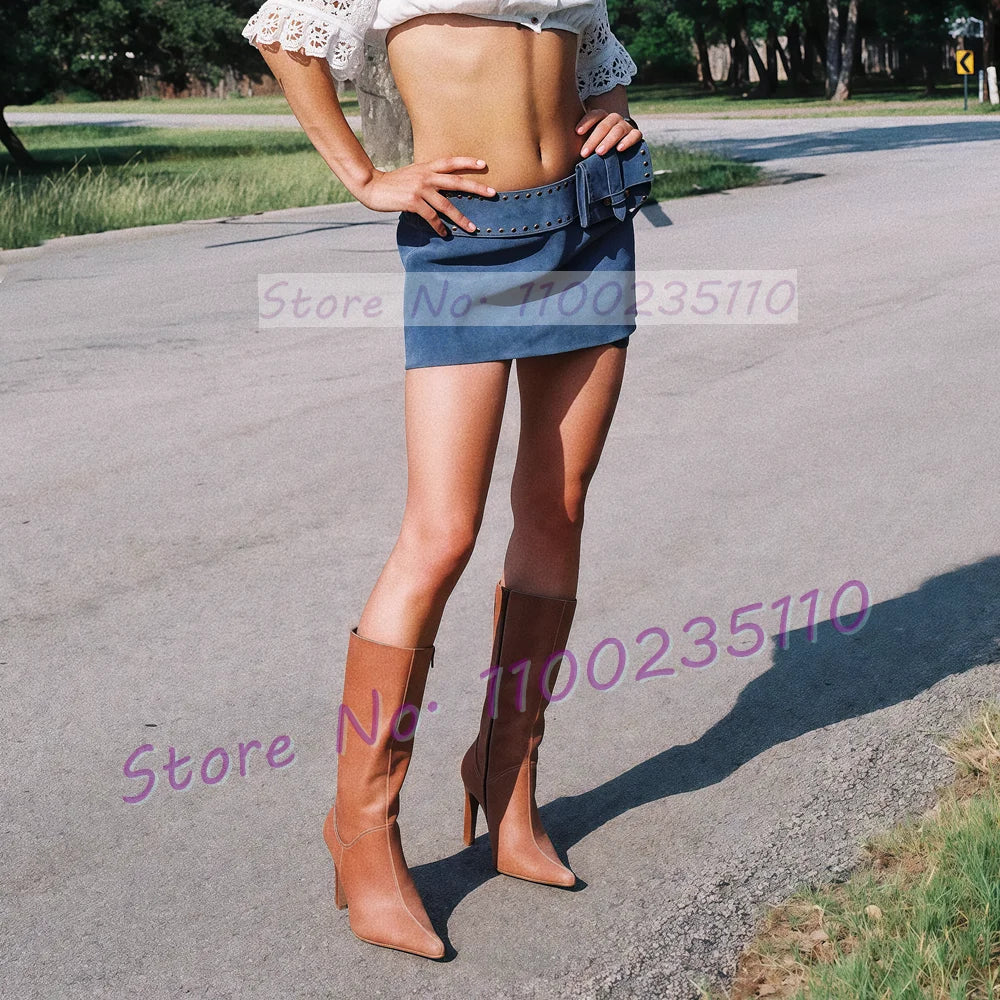 Brown Leather Wood Grain High Heel Boots Women Splicing Leather Pointed Toe Knee High Boots Ladies Concise Side Zipper Tall Shoe