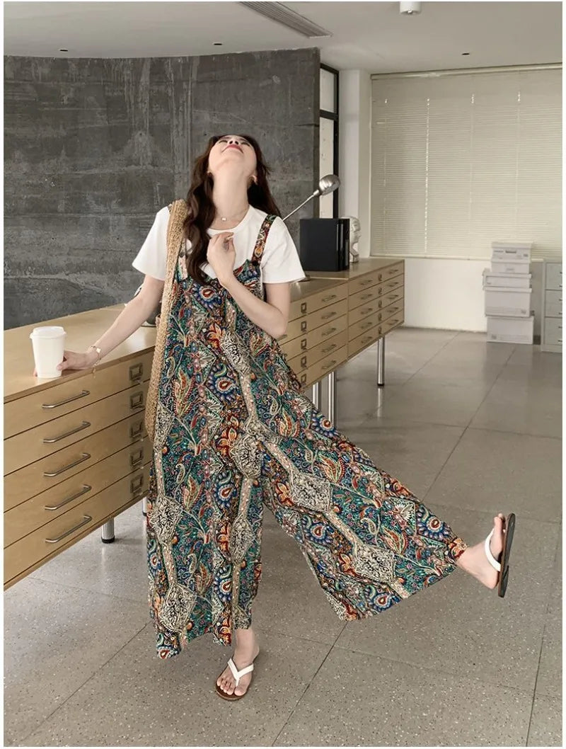 Vintage Bohemian Printed Wide Leg Casual Jumpsuit For Women