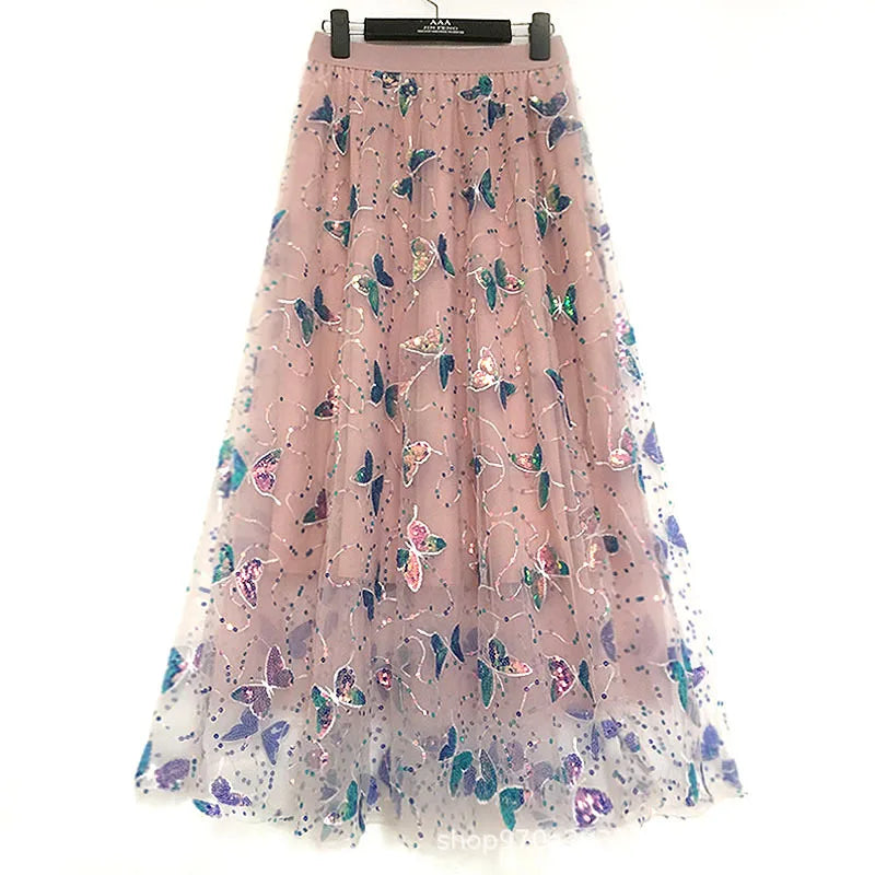 Pink Tulle High Waist Iridescent Sequin Butterfly Embroidery Skirt for Women