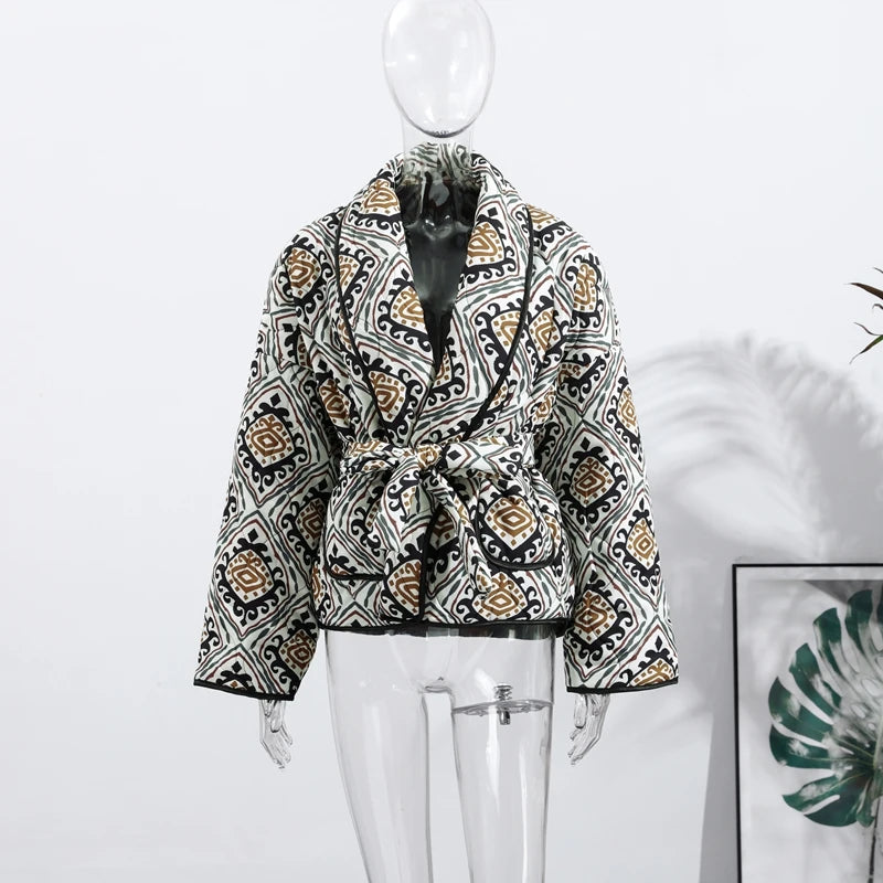 Printed Cotton Padded Winter Coat with V Neck for Women