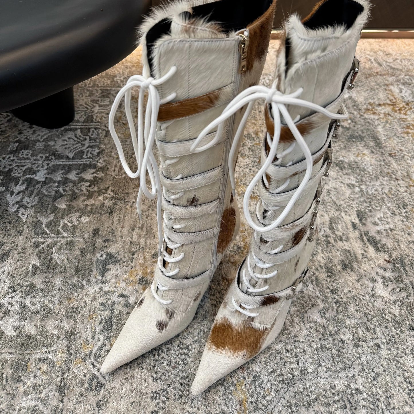 Pointed Toe Belt Strap Lace Up Fur Lined Knee Boots For Women