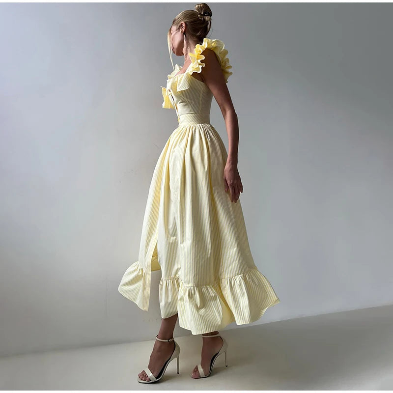 Solid Striped Fly Sleeve Women 's Dress Solid V-neck Single Breasted Draped Front Split Dressess Female Summer Lady Party Robes