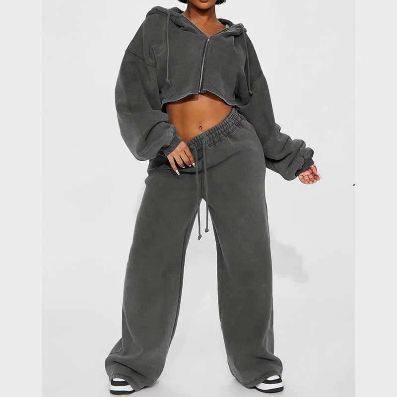 Hooded Cropped Sweatshirt And Long Pants Set for Women