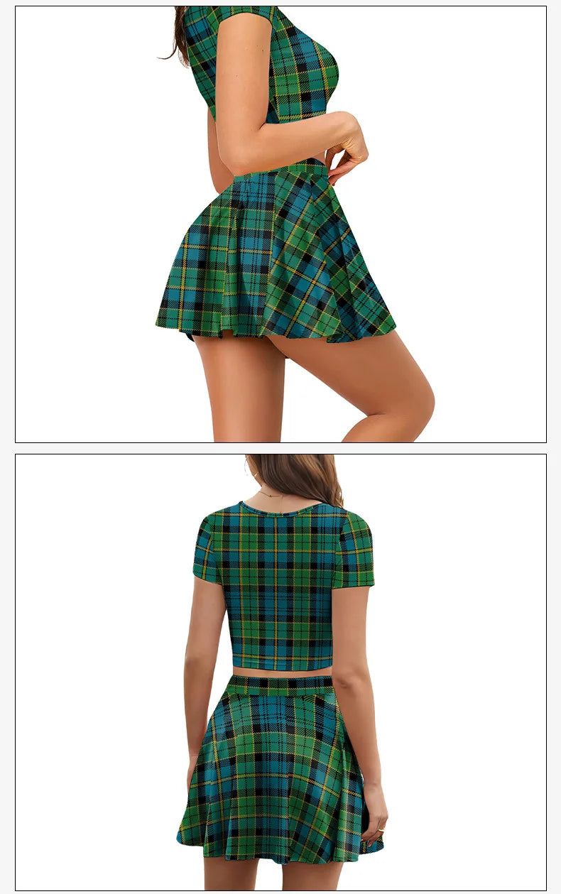 Festive Irish Green Shamrock Plaid Knit Skirt Set for Women