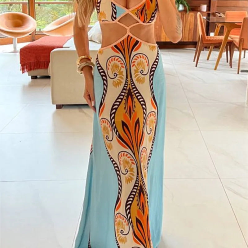 Elegant Deep V-neck Slim Bohemian Dress Women Casual Sleeveless High Waist Long Dress Fashion Pattern Printed Slim Party Dresses