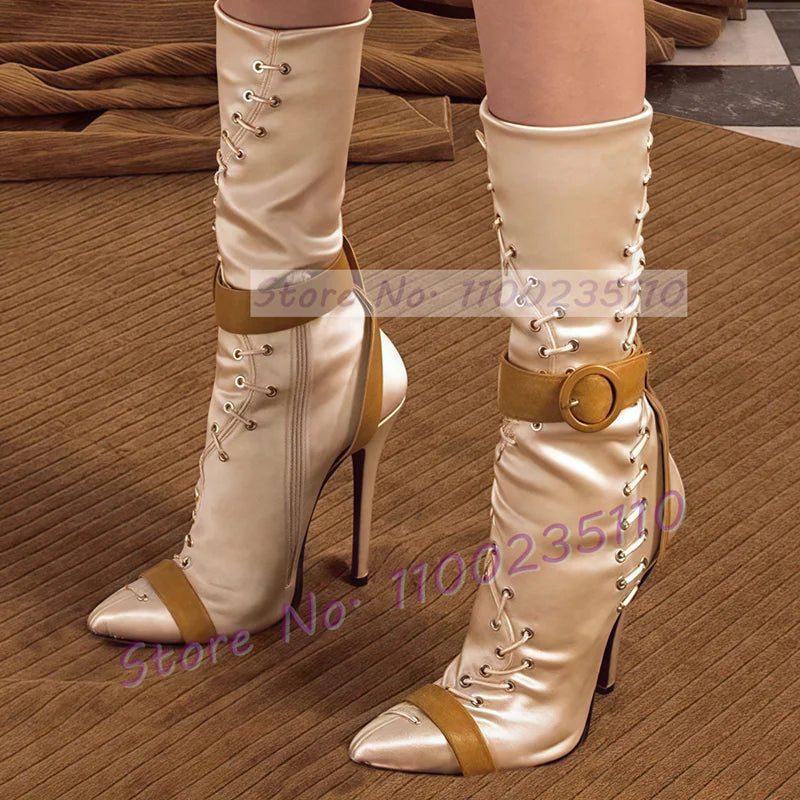 Champagne Satin Pointed Toe Mid Calf Boots With Thin Heels For Women
