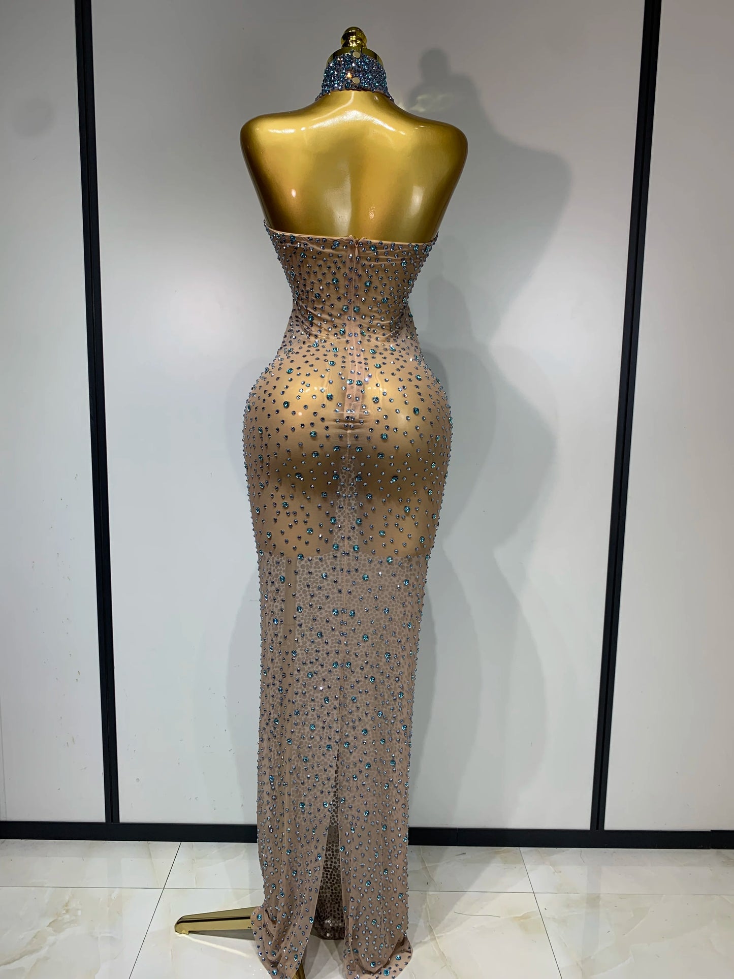 2025 New Sleeveless Mesh See Through Long Dress Sexy Backless Sparkly Rhinestone Dress Celebration Festival Evening Party Gowns