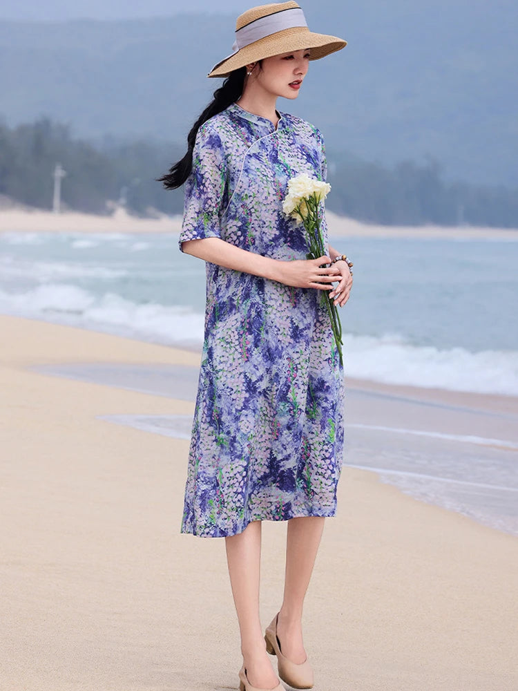 Casual Mandarin Collar Vintage Print Ramie Dress for Women