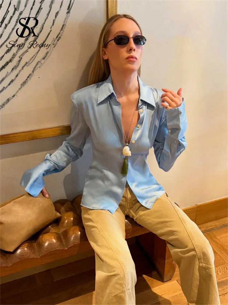 Slim Fit Satin Long Sleeve Button-Up Blouse for Women