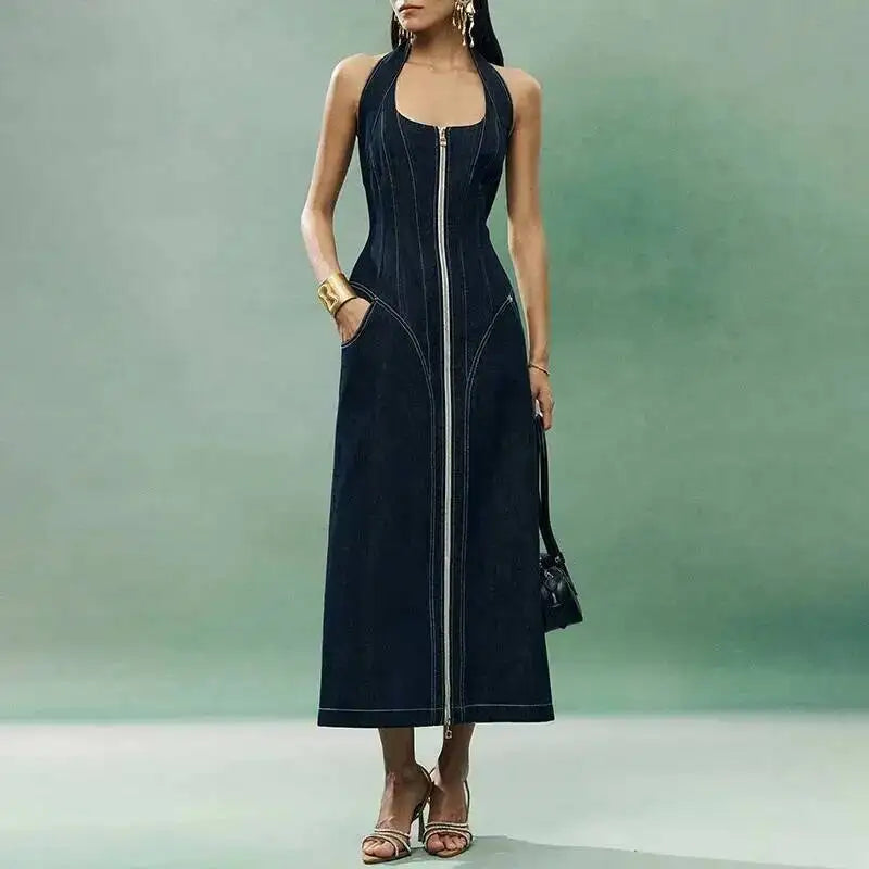 ANJY Summer New Women's Tide High Street Y2K Chic Trendy Sleeveless Halter Neck Backless Waist Cinching Zipper Denim Dress A8053