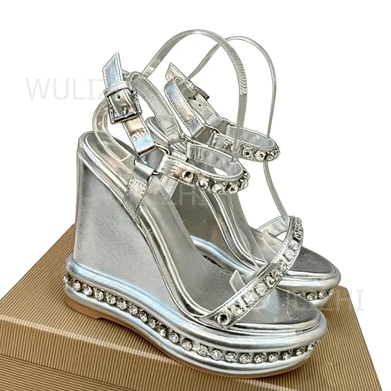 Crystal Border Purple Leather Wedge Platform Shoes for Women