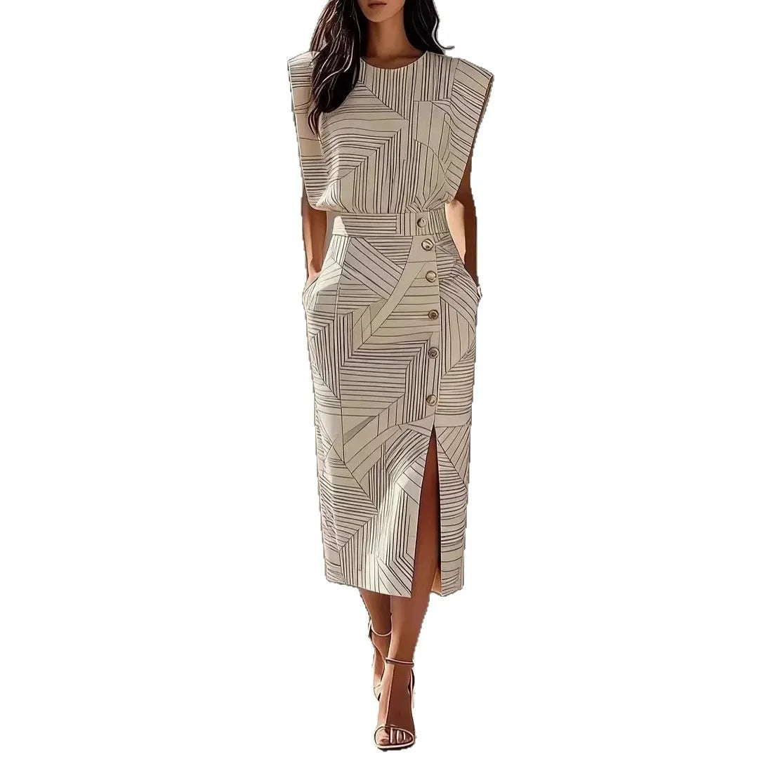 Elegant Print Sleeveless Vest Two Piece Skirt Set for Women