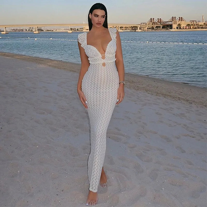 Cryptographic Elegant Tie Detail Sexy Cut Out Backless Dress Party Club Outfits Summer See Through Sleeveless Women Dresse Robes