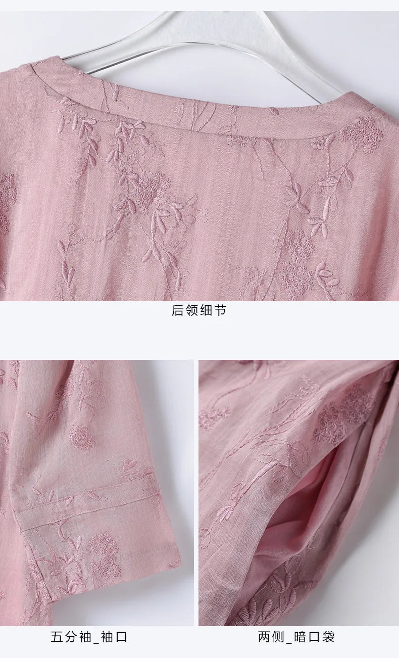 Elegant Embroidered Ramie Linen Knee Length Dress for Women