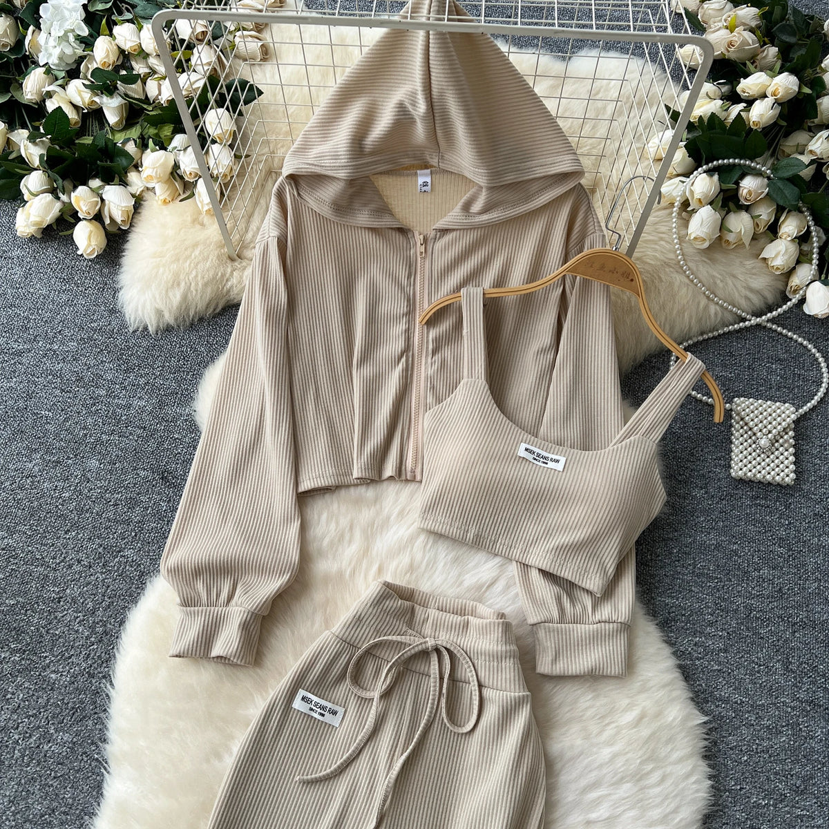 Sporty Three Piece Hoodie, Camisole and Pants Set for Women
