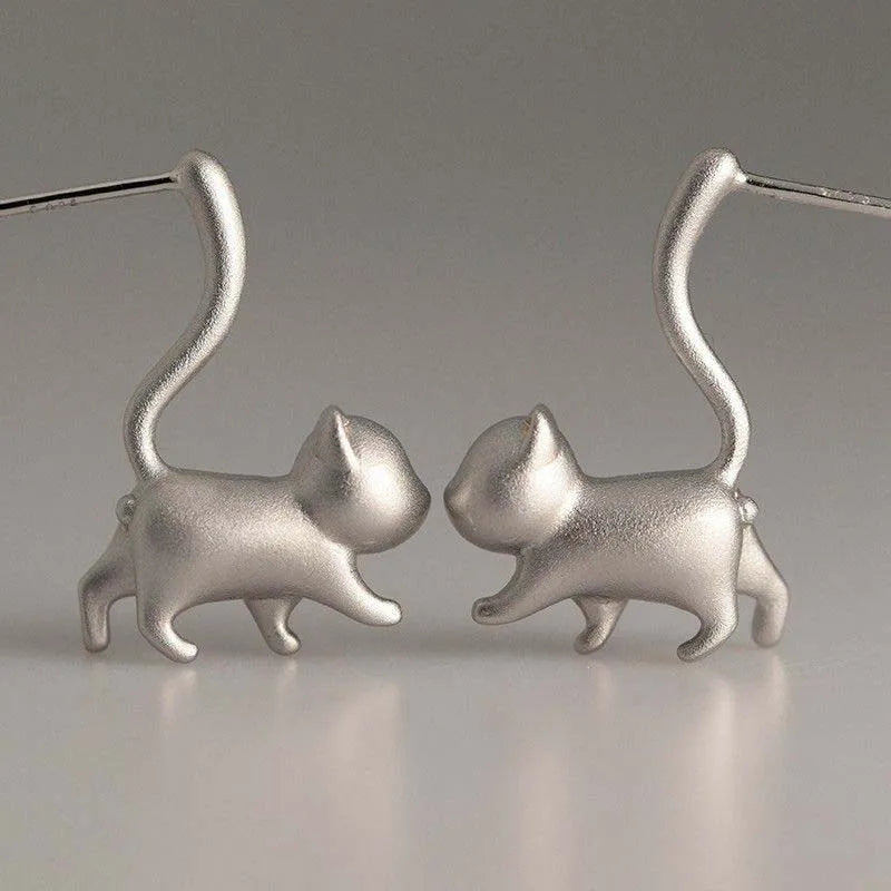 Silver Tone Cat Stud Earrings