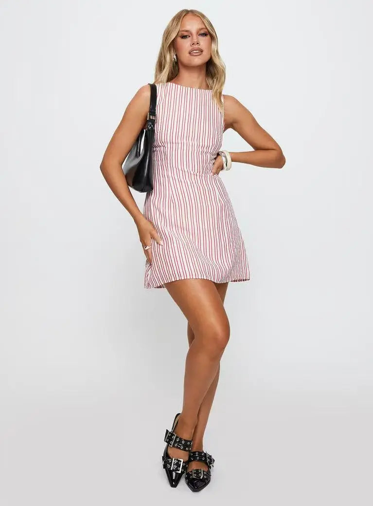 Casual Striped Print Crew Neck Sleeveless Mini Dress for Women