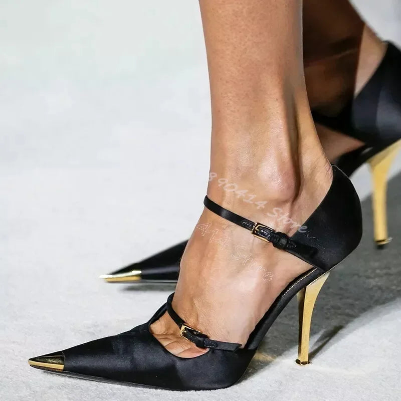 Elegant Sky Blue Silk Pointed Toe Pumps With Ankle Strap For Women