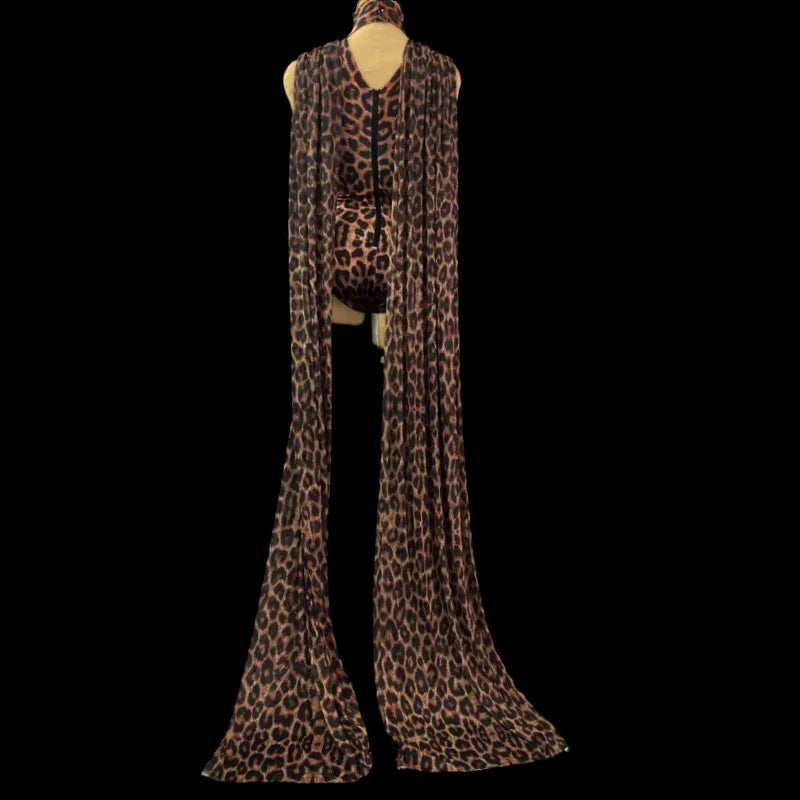 Leopard Print Stage Dance Bodysuit Costume for Women