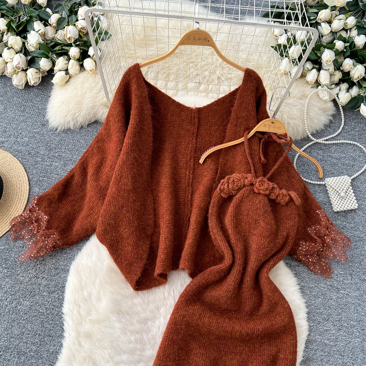 Lace Trim Knit Cardigan and Floral Halter Dress Set for Women