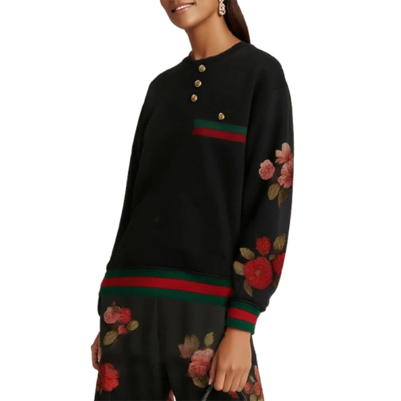 Women Elegant Vintage Floral Printed Gold Button Sweatshirt 2026 New Round-Neck Long Sleeve Loose Casual Office Pullover Tops