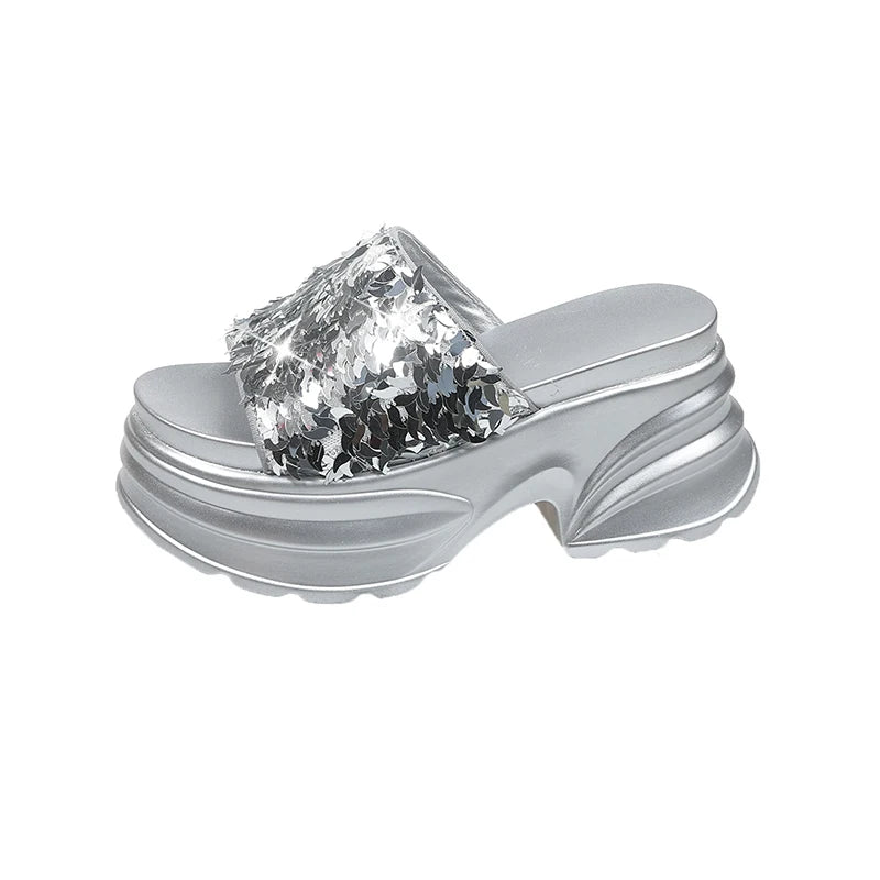Metallic Sequined Platform Wedge Sandals for Women