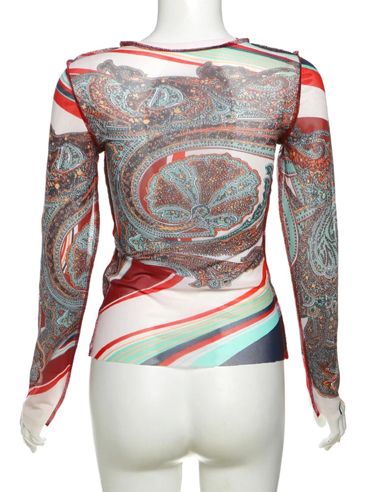 Weird Puss Colorful Print Women Crop Tops See Through 2025 Spring Full Sleeve Stretch Wild Basic Streetwear Hipster Skinny Tops