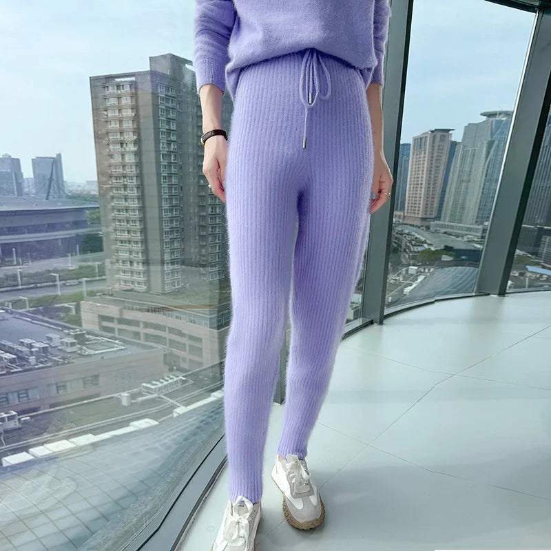 Warm Knit Elastic Waist Slim Fit Trousers for Women