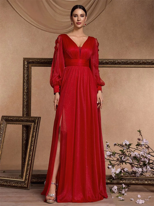 Elegant Slit Formal Applique Chiffon Evening Dress Luxury 2025 Women Long Mermaid V-neck Caicktail Gown Wedding Party Prom