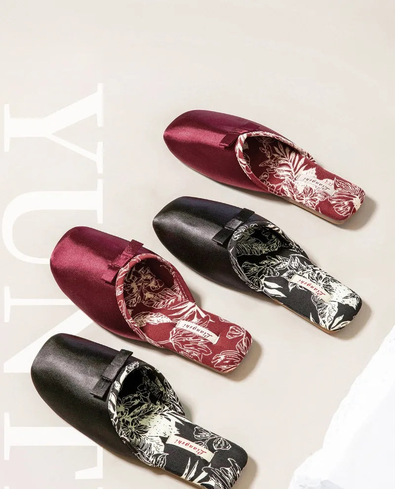 Elegant Silk Print Butterfly Knot Flat Slippers for Women