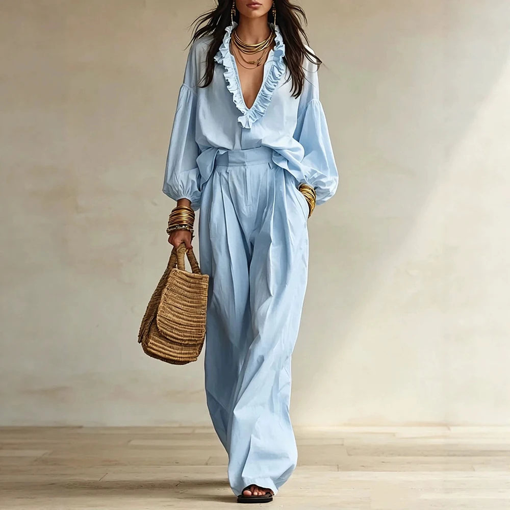 Vintage Ruffle V Neck Pleated Wide Leg Pants Set for Women