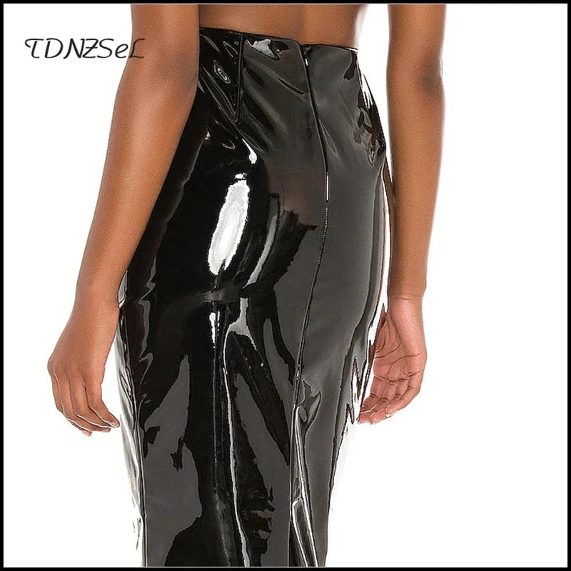 High Waisted Split Faux Leather Midi Pencil Skirt For Women