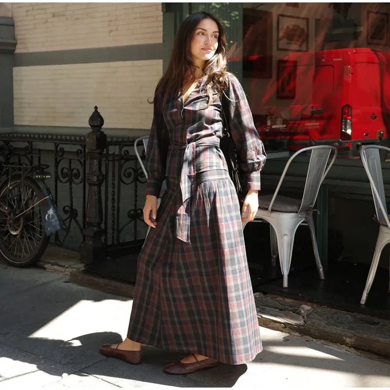 Vintage Plaid Women's Skirt Set V-neck Puff Sleeve Waist Belt Cinched Floor-length Skirt Suit Woman 2026 Spring Evening Outfits