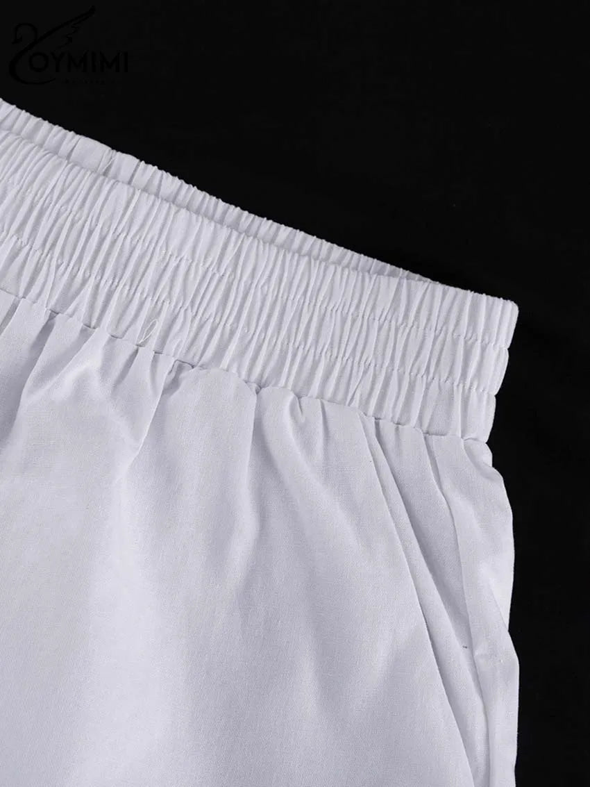 Oymimi Elegant White Cotton Sets For Women 2 Pieces Casual Lapel Long Sleeve Button Shirts And Ruffled Ankle-Length Pants Sets