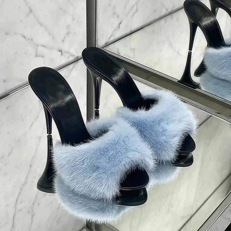 Fur Trim Open Toe Stiletto Party Sandals for Women