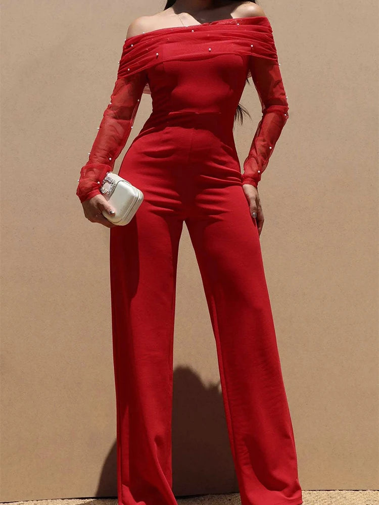 Off Shoulder High Waisted Mesh Panel Jumpsuit for Women